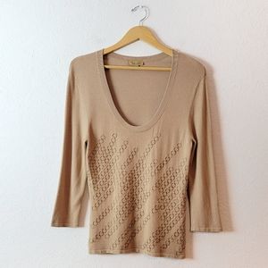 Vintage Tan Brown Y2K 90s Grunge Chainmail 3/4 Sleeve Knit Sweater Top S